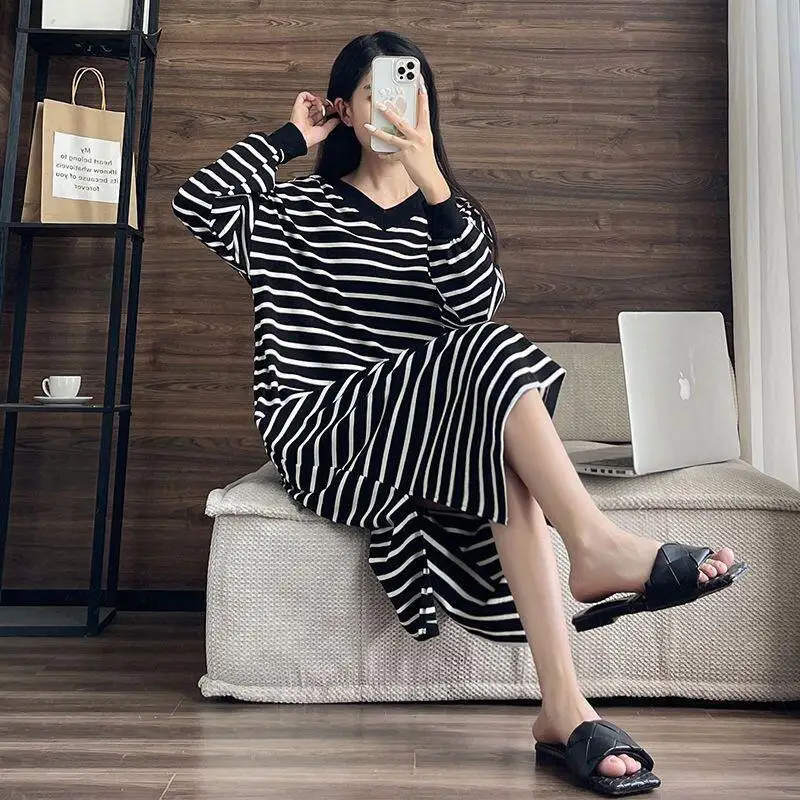 Hot 2025 Spring Autumn New Women Medium To Long Long Sleeve V-Neck Sleeping Skirt High Grade Striped Loose Dress Home Clothing