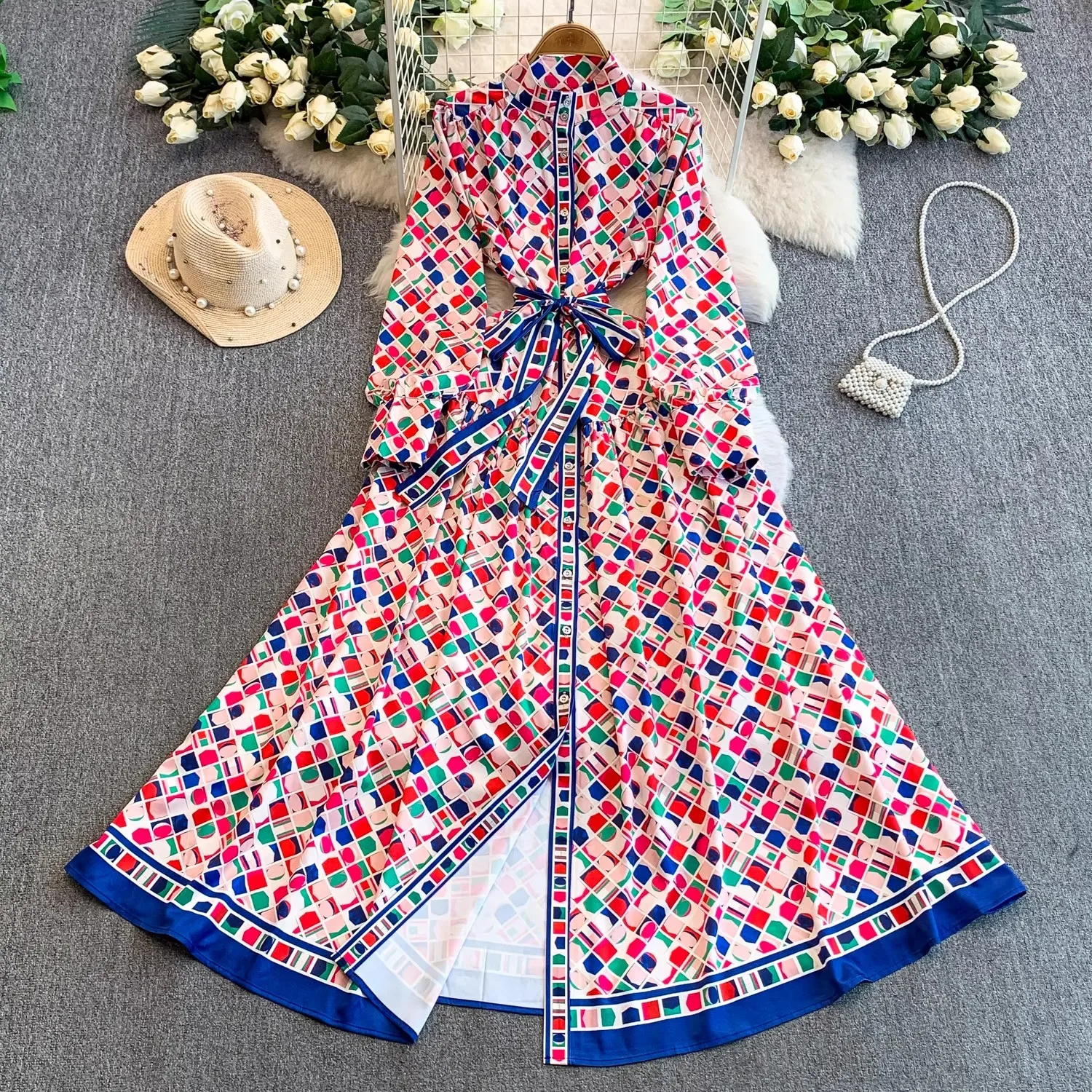 

Элегантный винтажный пояс с длинным рукавом и бантом на шнуровке, шикарный принт, однобортные свободные платья макси, вечерняя уличная весенняя одежда