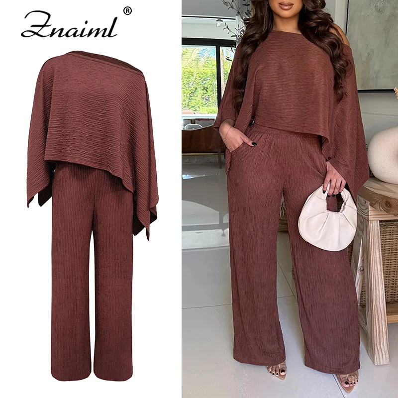 

Znaiml Повседневная уличная одежда Женский комплект из 2 предметов Укороченный топ с длинными рукавами и рюшами и широкие брюки Отпускной наряд Весенне-осенний спортивный костюм