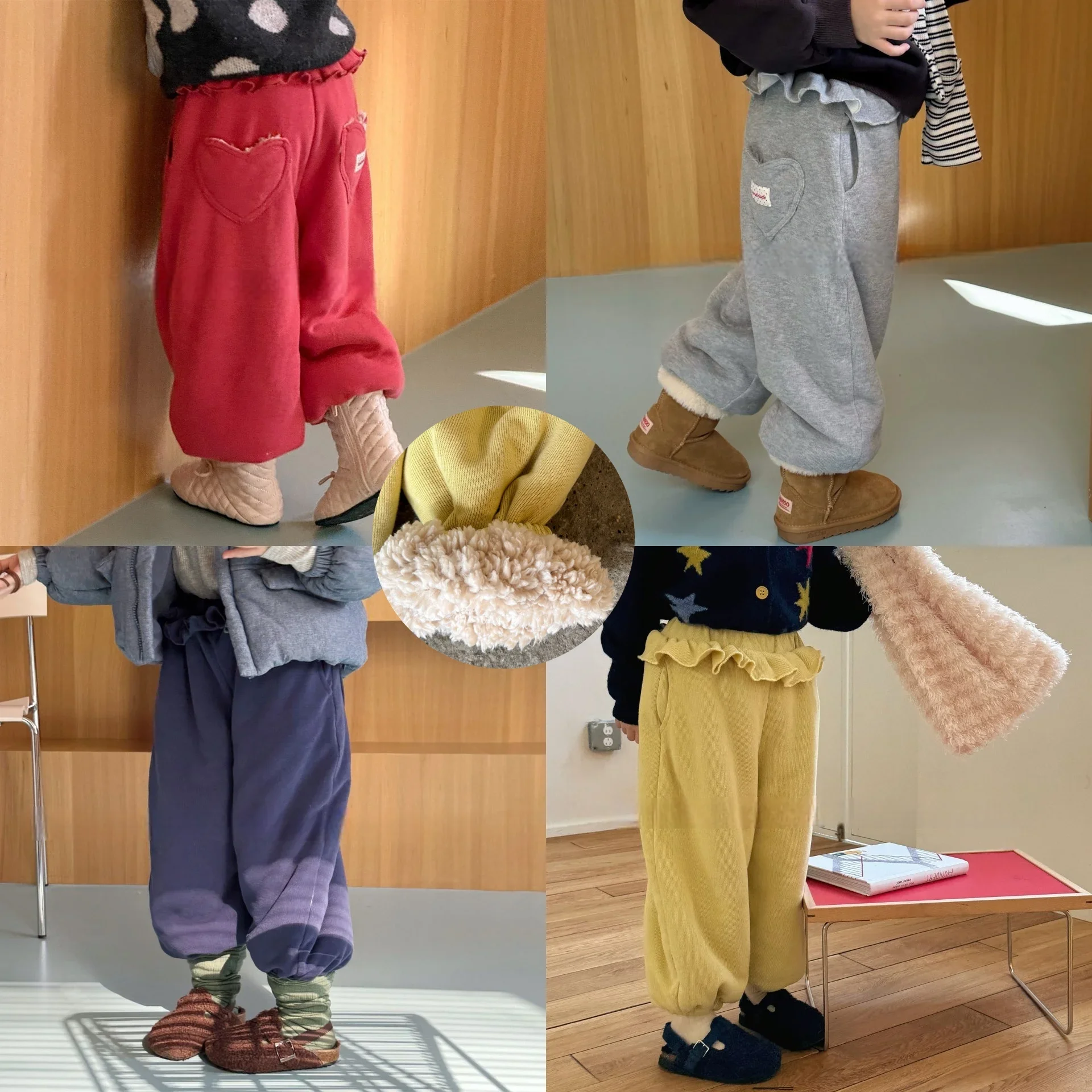 

Kids Cotton Fleece Lined Sweatpants 1-6Y Girls Ruffle Waist Heart Pocket Pants Warm Casual Loose Trousers Children Winter Outfit