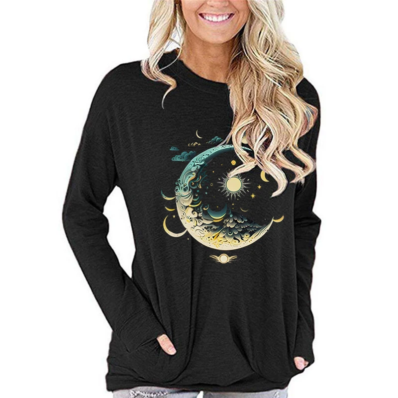 Premium Long-sleeved T-shirt Women Boho Vintage Mystic Moon and Sun Graphic T Shirts Women Celestial Sun and Moon Classic Tops