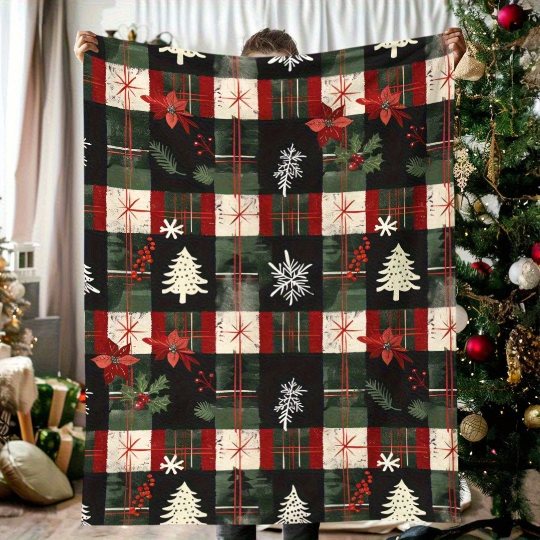 1pc 2D Flat Plaid Christmas Blanket, Star Print, Cozy Throw for Sofa, Bed, Office, Travel & Camping, All-season Versatile Gift