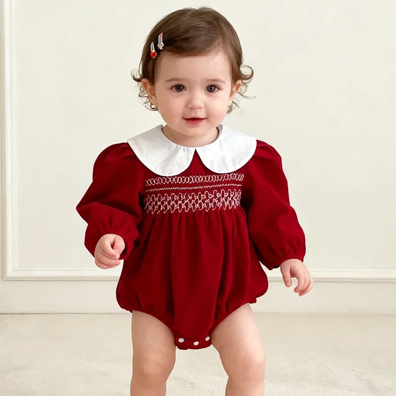 Girls Onesie 2026 Spring And Autumn New Childrens Clothing Girl Baby Christmas Embroidered Knitwear Onesie Casual Simple