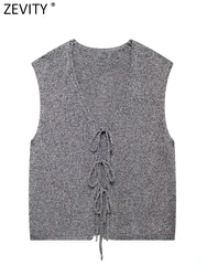 Zevity Women French Leisure V Neck Sleeveless Grey Color Knitting Vest Sweater Female Chic Cardigan Lace Up Casual Tops SW6275