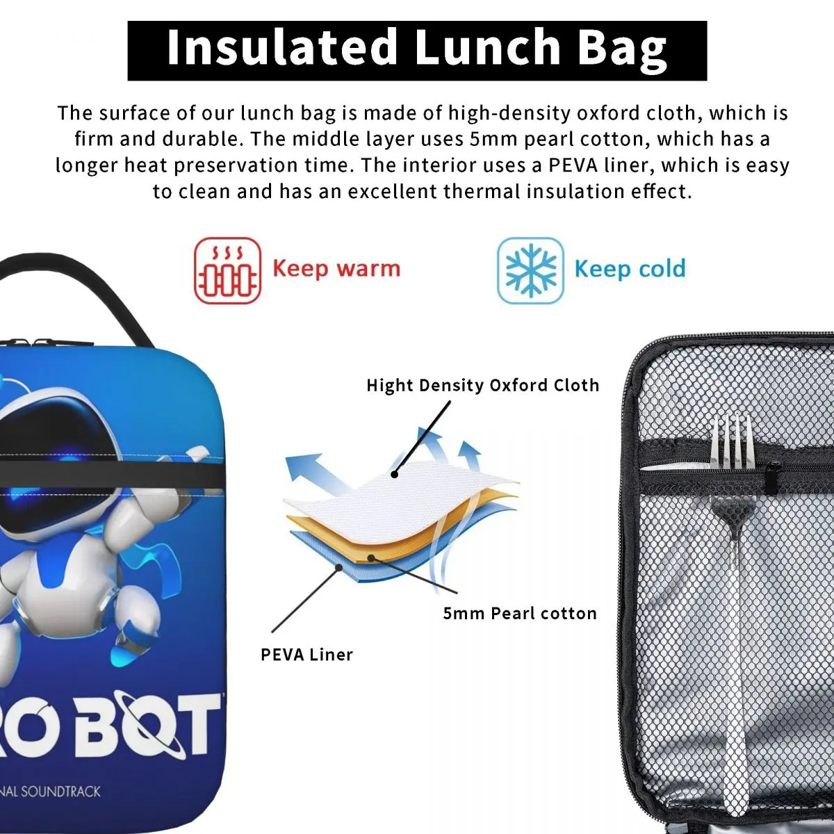 Astrobot astros playroom merch saco de almoço isolado para escritório gamer robô caixa de comida portátil refrigerador térmico lancheiras