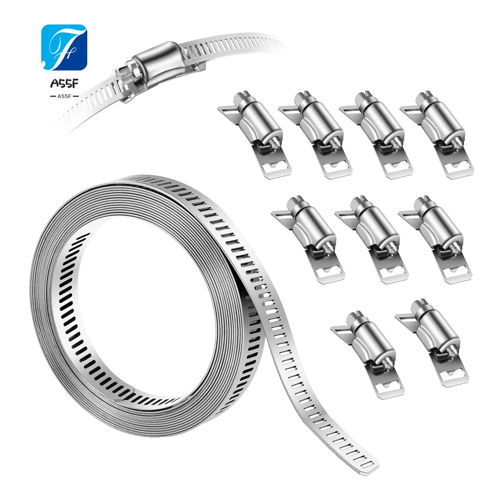 

A55F-Hose Clamp Hose Clamp Pipe Hose Silver 9.84Ft Adjustable Band With 10 Pieces Attachment