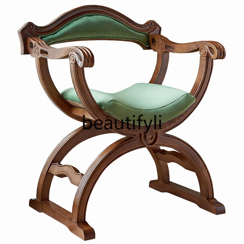 

Medieval sofa chair French retro engraved antique chair solid wood American furniture olive green