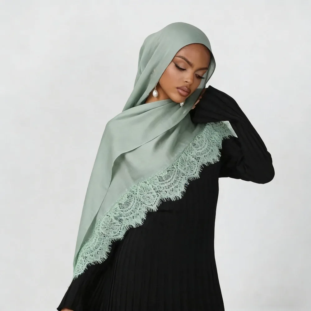 New Lace Splicing Rayon Cotton Hijab Scarf Breathable Solid Color Muslim Shawl Cotton Linen Scarf Headscarf Summer Turban Women