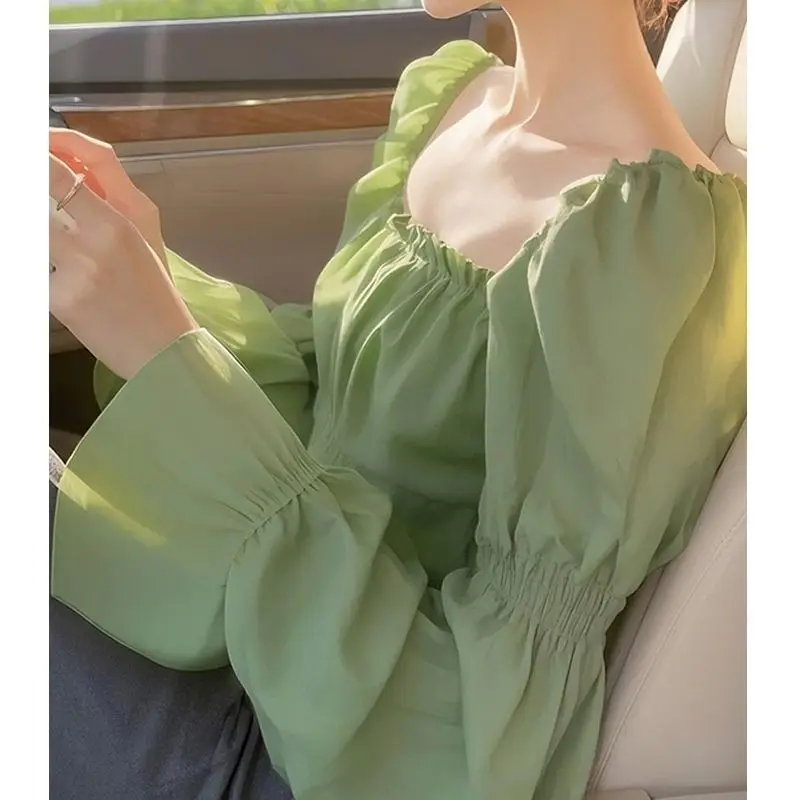 

2025 Spring Fall Fashion Women Korean High Waisted Sweet Ladies Ruffles Square Collar Green Beige White Black Top T Shirts