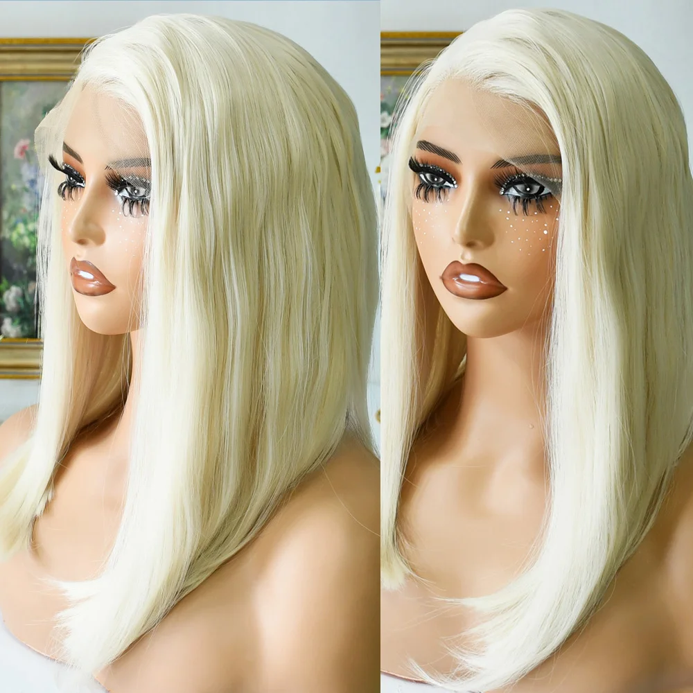 화이트 가발 13x4 스트레이트 레이스 프론트 가발 10인치 숏 보브 레이스 프론탈 가발 글루리스 고품질 내열성 섬유 데일리 착용