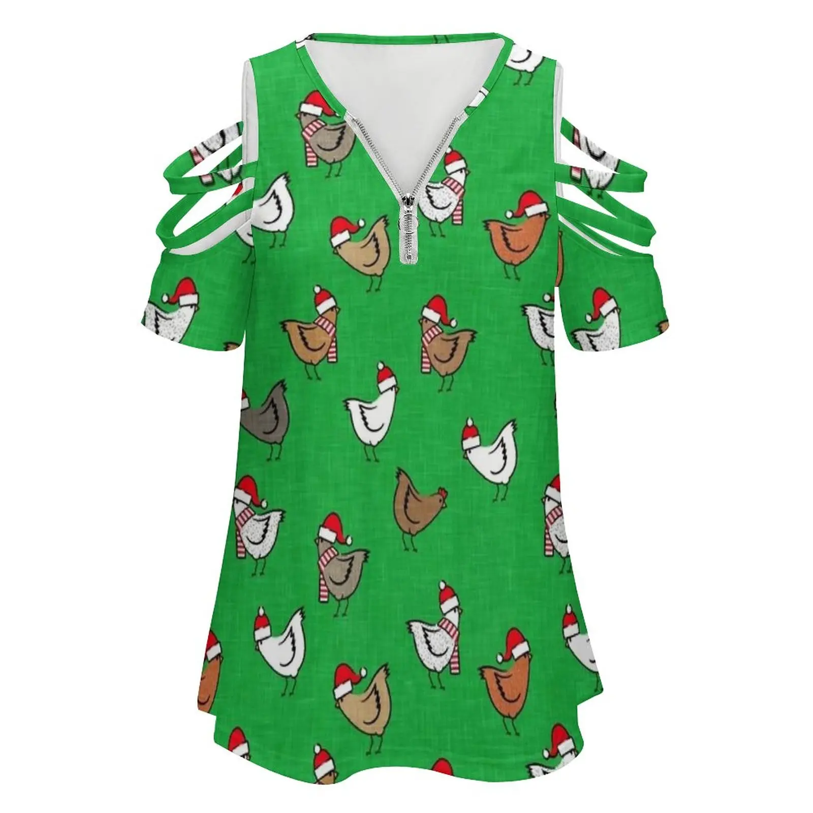 Christmas Chickens Women'S T-Shirt Summer Fashion Print Floral V-Neck Zipper Tshirt Hollow Pullover Ladies Top Christmas