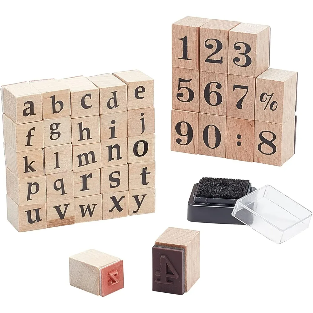 38pcs Wooden Rubber Stamps 26pcs A~Z Letter Alphabet Stamps 12pcs Number 0~9 Vintage Stamp Diary Wood Stamps with Inkpad for DIY