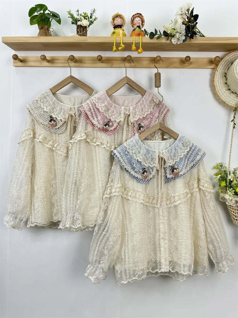 Mori kei clothing Japanese retro lace embroider patchwork shirts and blouses sweet lolita clothing long sleeve shirt for women