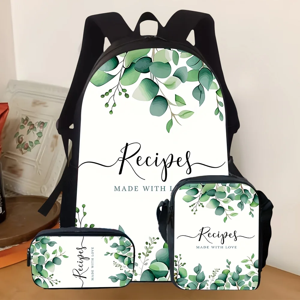 

Easy Elegant Green Watercolor Leaf Printed 3pcs 2D Flat Printing Daily Backpack Set with Matching Pencil Case And Casual Small C