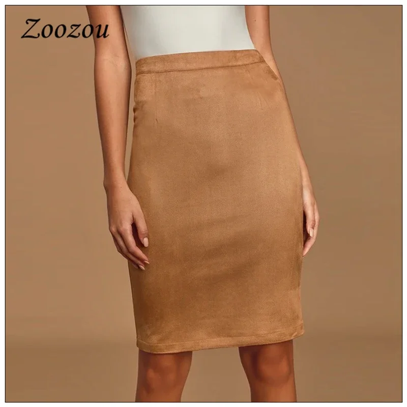 2023 Fashion Elegant Slim Suede Leather Skirts Vintage Suedette Knee Length Office Ladies Bodycon Pencil Skirt Plus Size Custom