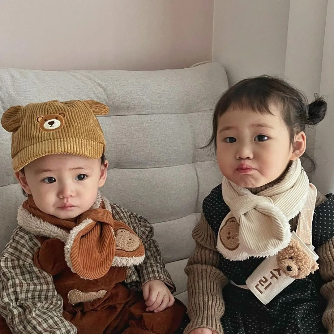 New Autumn Winter Cross Corduroy Plush Baby Scarf Children Cute Cartoon Bear Thickened Warm Scarves Kids Scarf Neckerchief