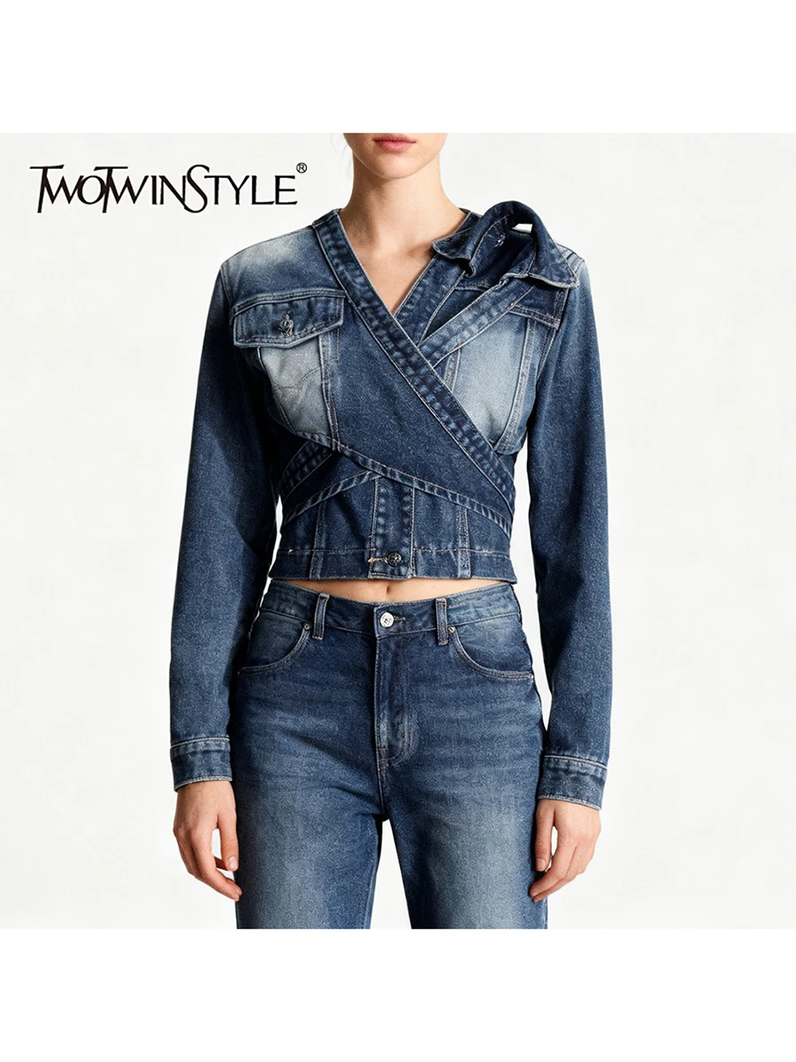 

TWOTWINSTYLE Solid Slimming Spliced Lace Up Fashion Jackets for Women V Neck Long Sleeves Patchwork Buttons Cowboy Jacket Female