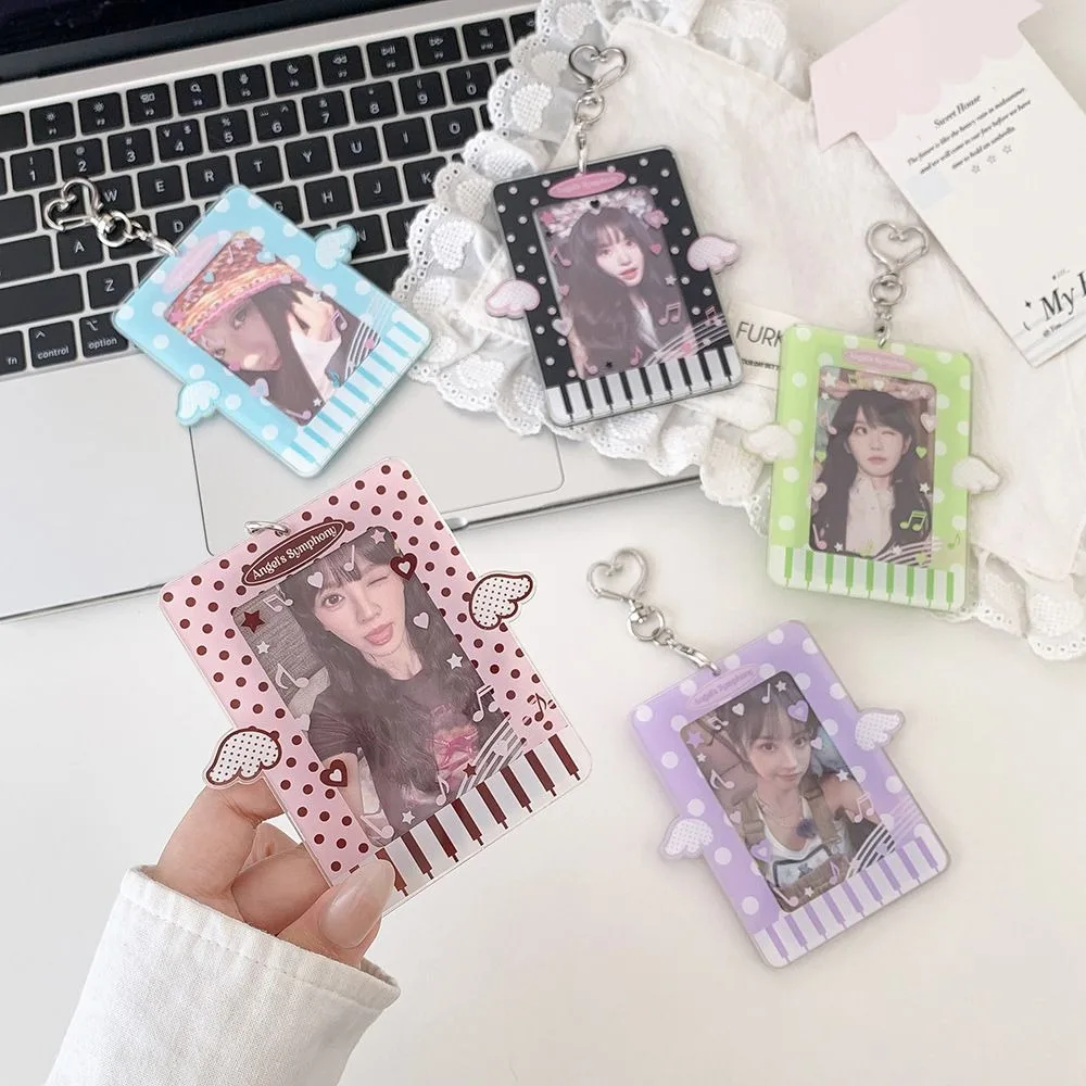 Acrylic Kpop Photocard Holder Keychain 3 Inch Polka Dot Wings Idol Card Display Protector Transparent Cartoon Card Holder