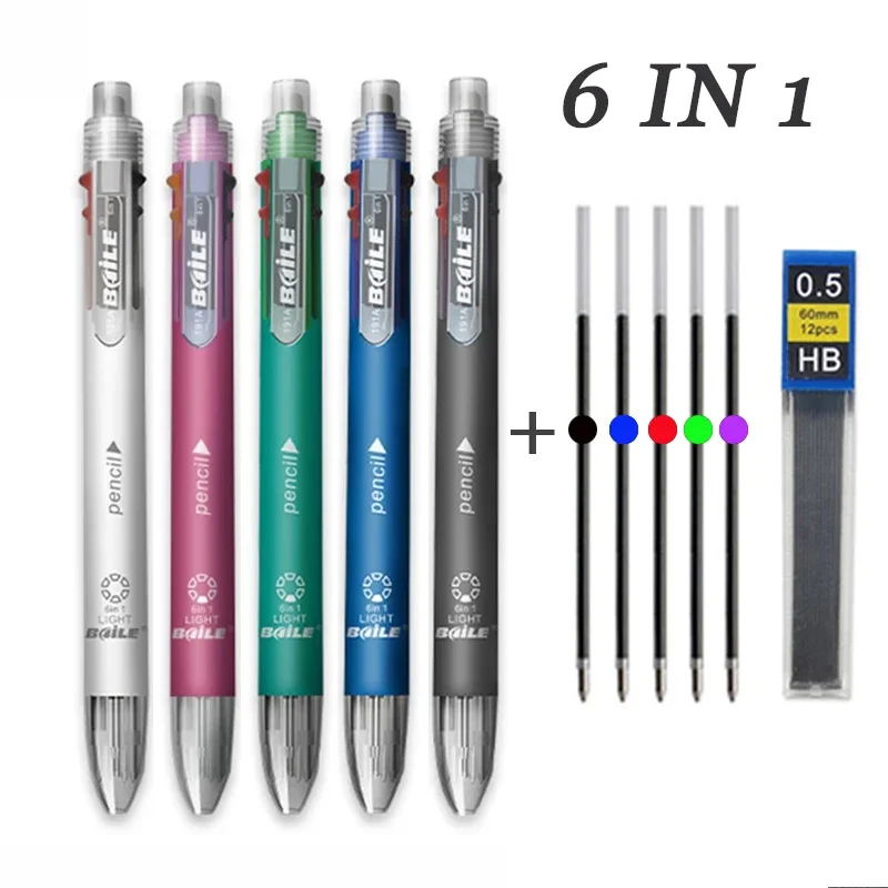 6 In 1 Multifunction Ballpoint Pen 5color Ballpoint Pen 0.5mm Automatic Pencil Top Rubber Student Writing School Office Supplies