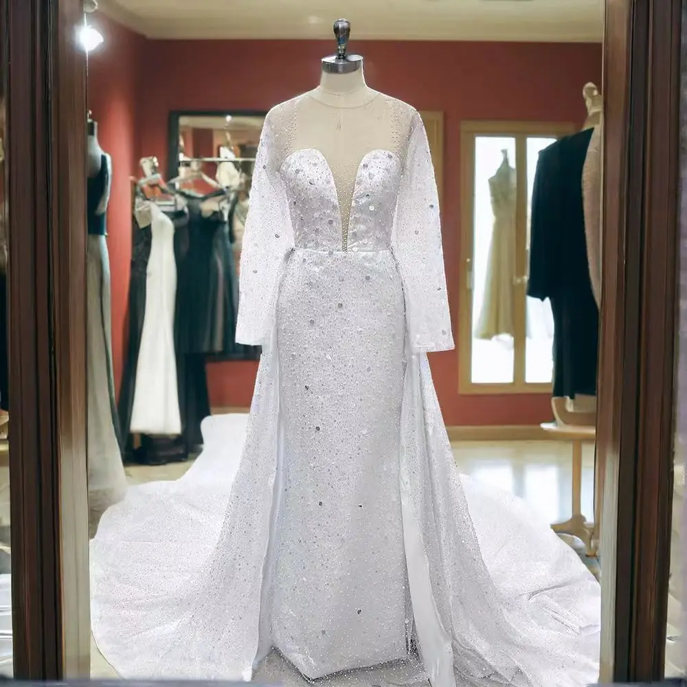 Exquisite White Wedding Dresses Sequined Long Sleeve O-Neck Detachable Train Bridal Dress Formal Party Elegant Women Gowns 2025