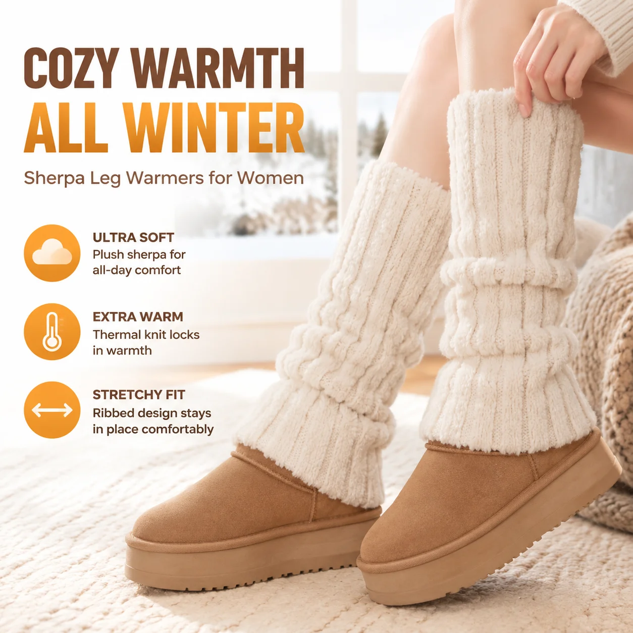 Womens Sherpa Leg Warmers Stretchy Ribbed Knit Cozy Thermal Boot Socks for Cold Weather