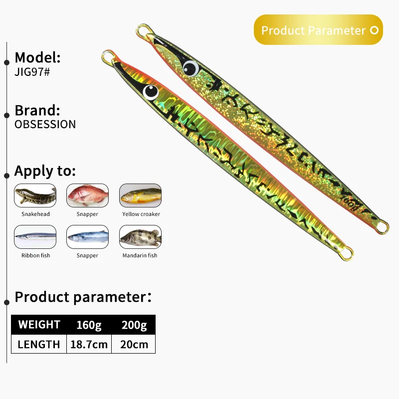 TEASER J97 160g 200g Glow Hard Fishing Metal Jigging Bait Saltwater Luminous Jig Lure Sinking Fishing Spoon Metal Jigging Lures