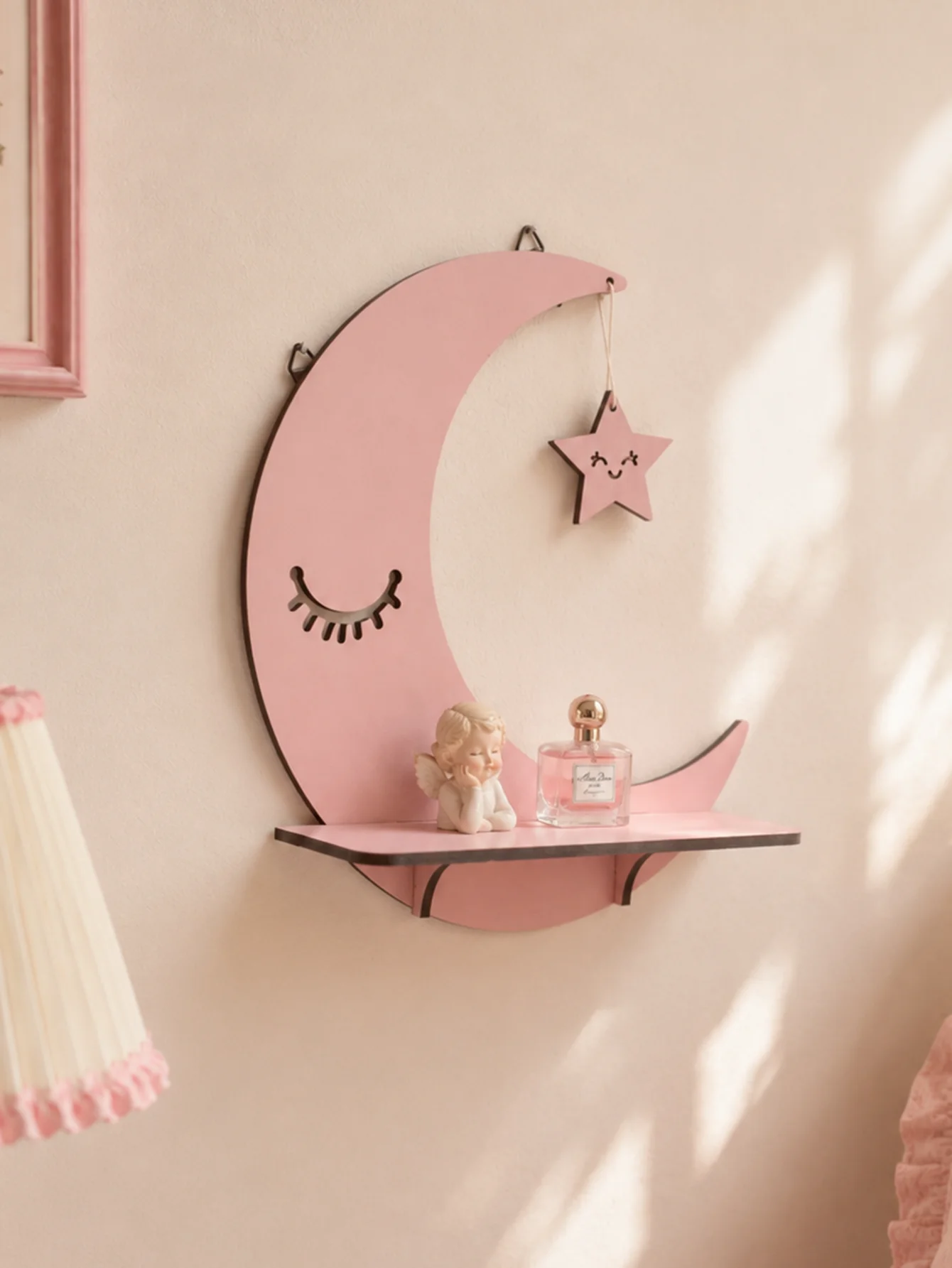 Cute Crescent Moon Shaped Wall Shelf with Hanging Star Pink Wall Mount Display Storage Rack Aesthetic Nursery Bedroom Wall Decor