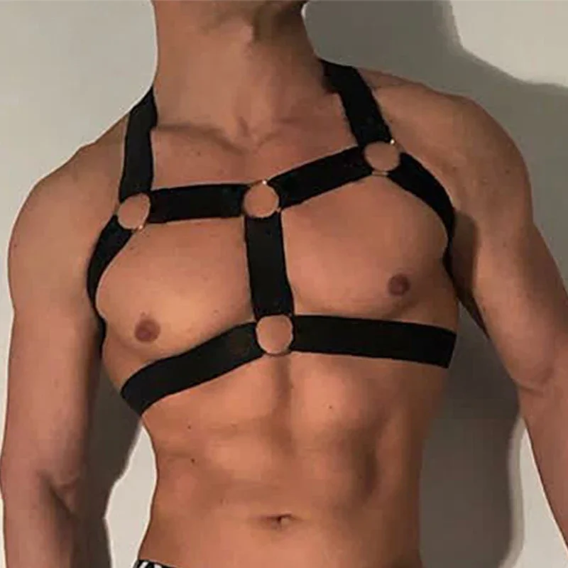 Harness Men Strap Costume Man Sexy Shoulder Bondage Fetish Chest Lingerie Metal Ring BDSM Elastic Belt Erotic Hombre Hollow Out