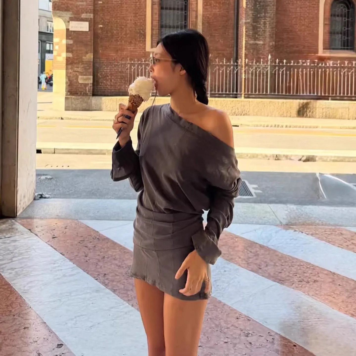 

Off Jennie Vintage ey One oulder Long Sve Dr ort Skirt Women's Faion Retro Sle Bodycon Dr for Daily Wear