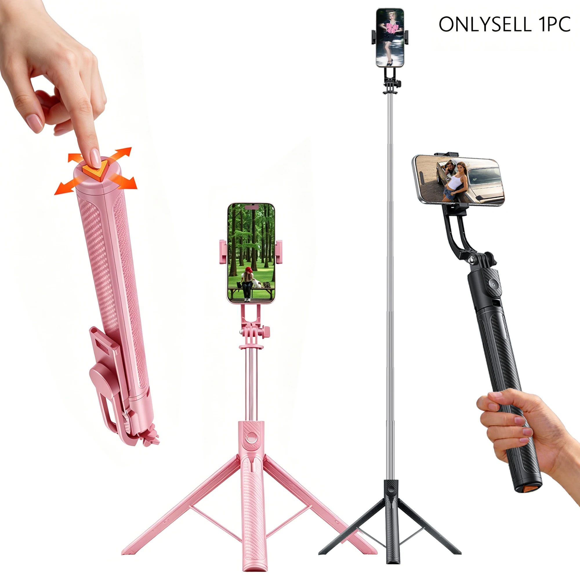 66,9 Zoll Selfie-Stick-Stativ mit Ein-Knopf-Auslösung, 360° °   Rotation & 230 °   Verstellbarer Kopf, stabiles, tragbares Handy-Stativ für iPhone