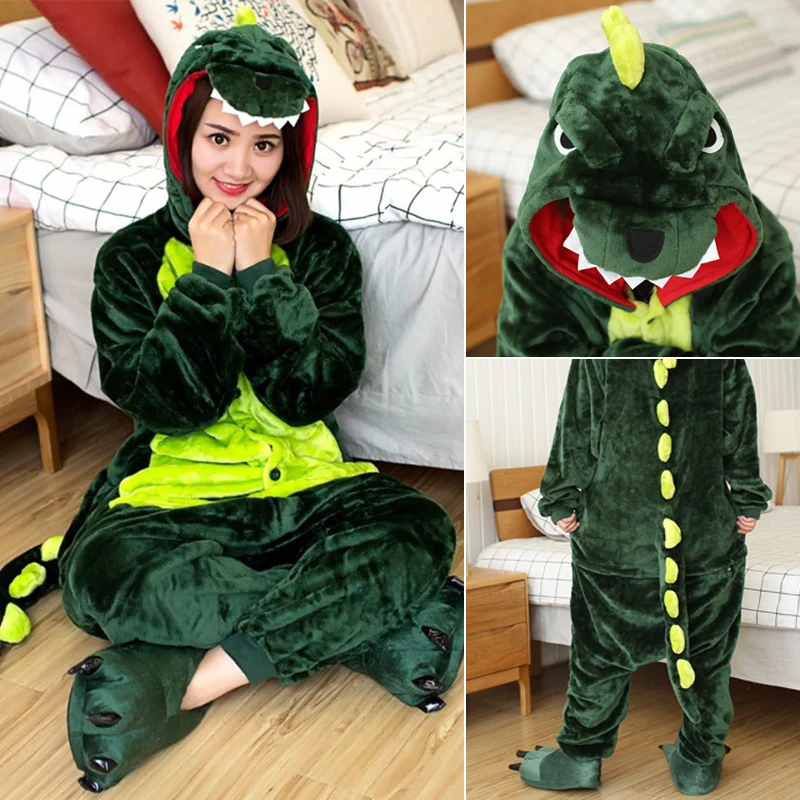 Kigurumi Green Dinosaur Cartoon Pajamas Onesies For Adults Women Men Animal Pyjamas Christmas Halloween Cosplay Party Costumes