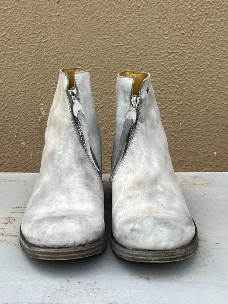 Men's Distressed Leather Ankle Boots Side Zipper Low Heel Vintage Minimalist Style for Everyday Outings Fashion-Forward Looks
