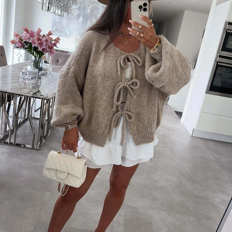 Casual Simple Women Commute Jumper Fashion Solid Long Sleeve Knitted Sweater Winter New Crew Collar Hollow Out Lace Up Cardigans