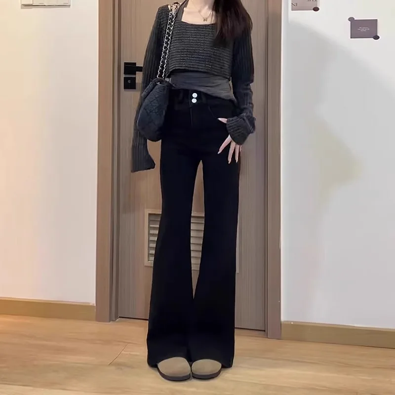 Celana Denim Wanita High Waist Berlapis Tebal Model Slim Fit Musim Gugur Musim Dingin, Panjang Menyentuh Lantai, Model Bell Pants