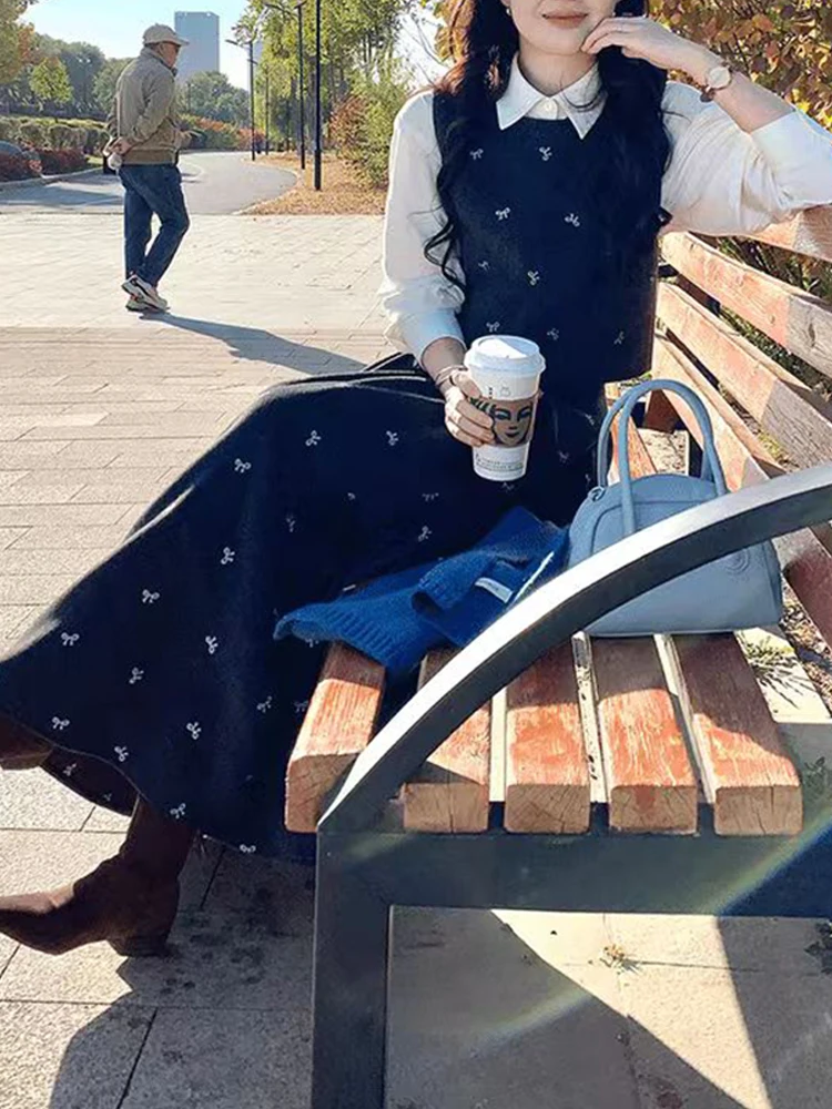 Korean Style  Knot Vest Shirt Half Skirt Three Piece Set Women's Fashion Autumn Winter Complete Matching Outfit