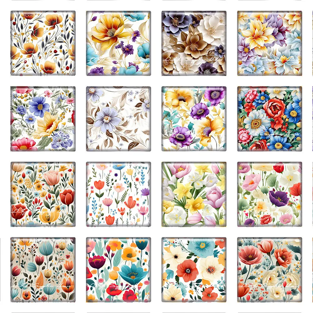 10pcs/lots Square Retro Flower Photo Glass Cabochon Charms Demo Flat Back Cameo For Diy Jewelry Making Accessories