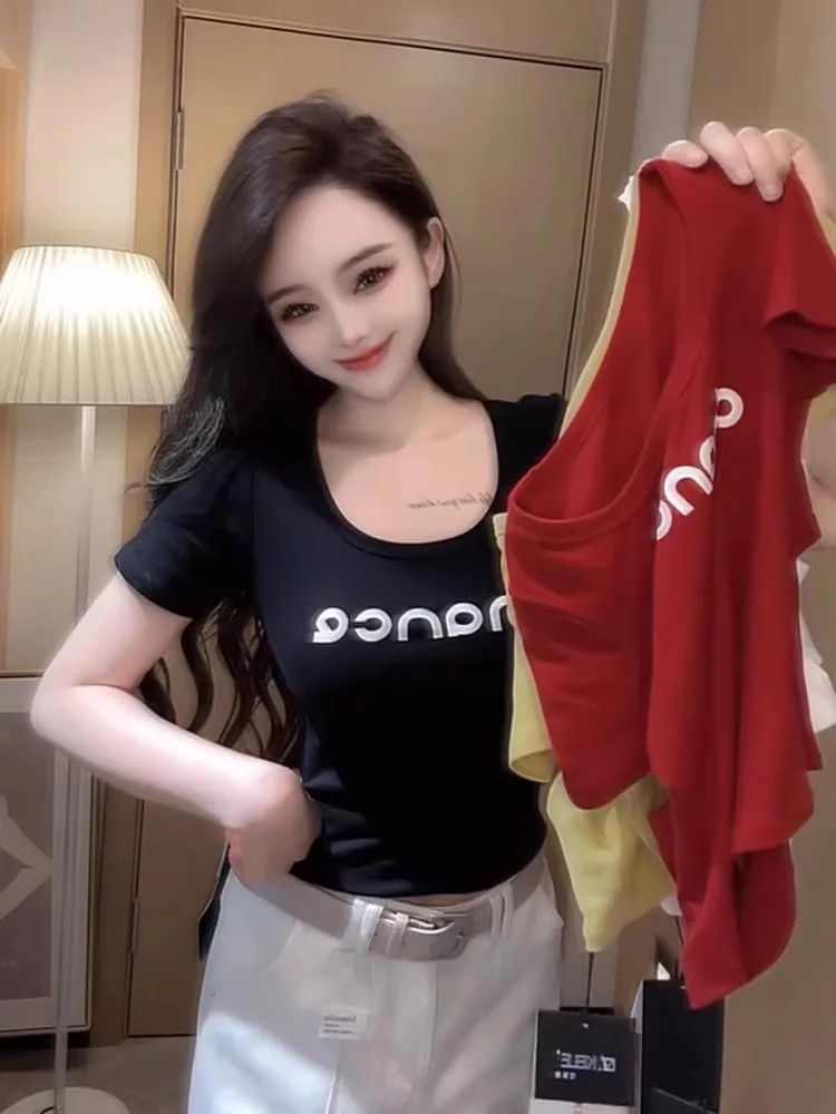 Pure Desire Eye-Catching Short Sleeve Short T-Shirt Casual Spicy Girl Slim Fit Square Collar Design Versatile Hollow Back T-S...