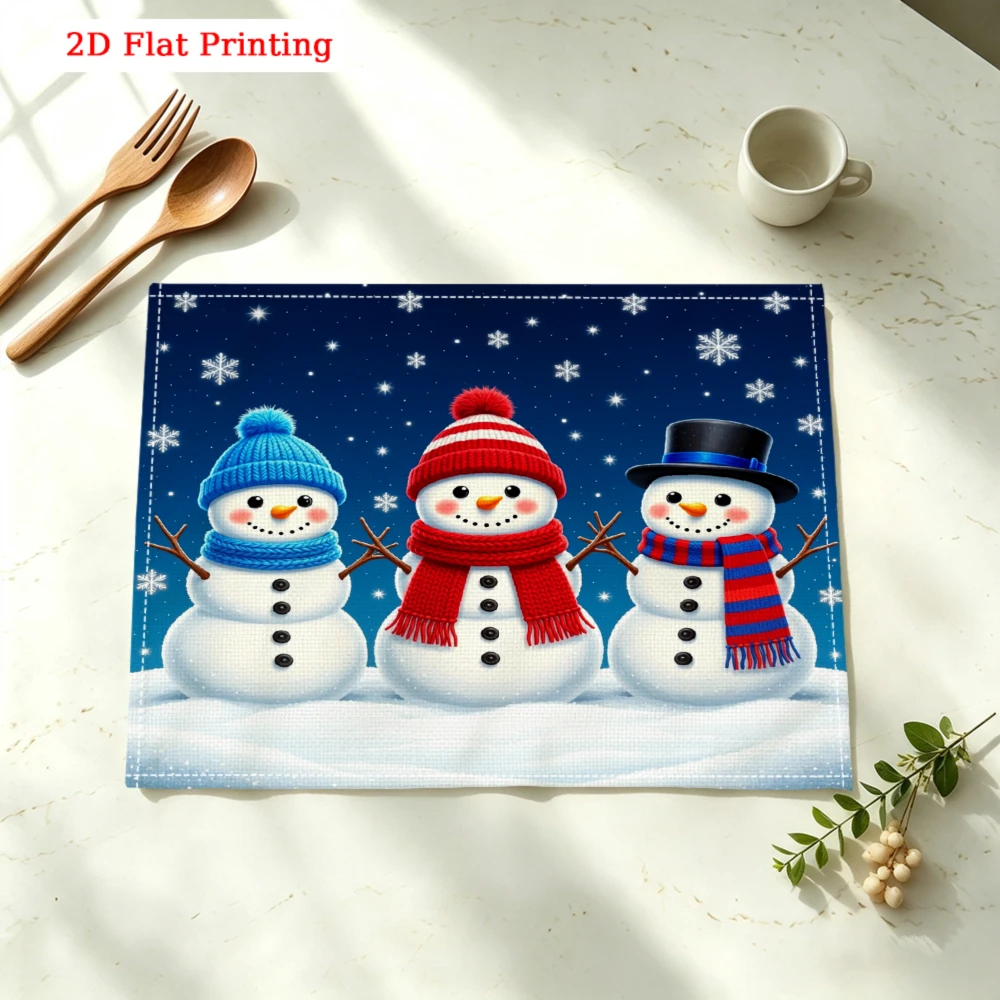 Three Snowmen Winter Scene Print Kitchen Placemat Coaster Linen Pad Dish Coffee Cup Table Mat 30x40cm Home Decor
