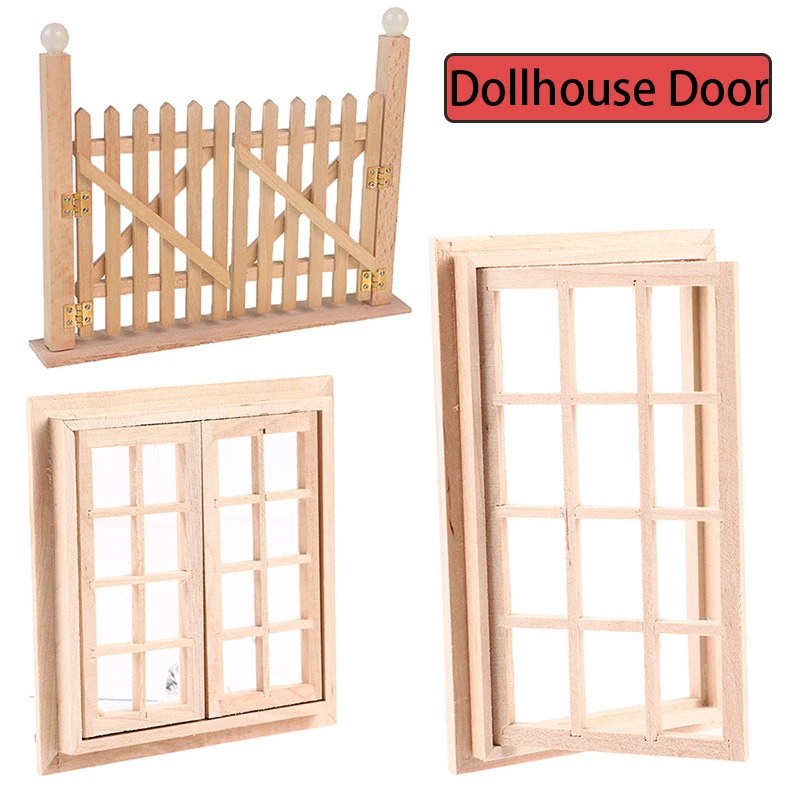 1pcs 1:12 Dollhouse DIY Door Windows Furniture Miniatures Wooden Accessories Pretend Play Toy For Kids