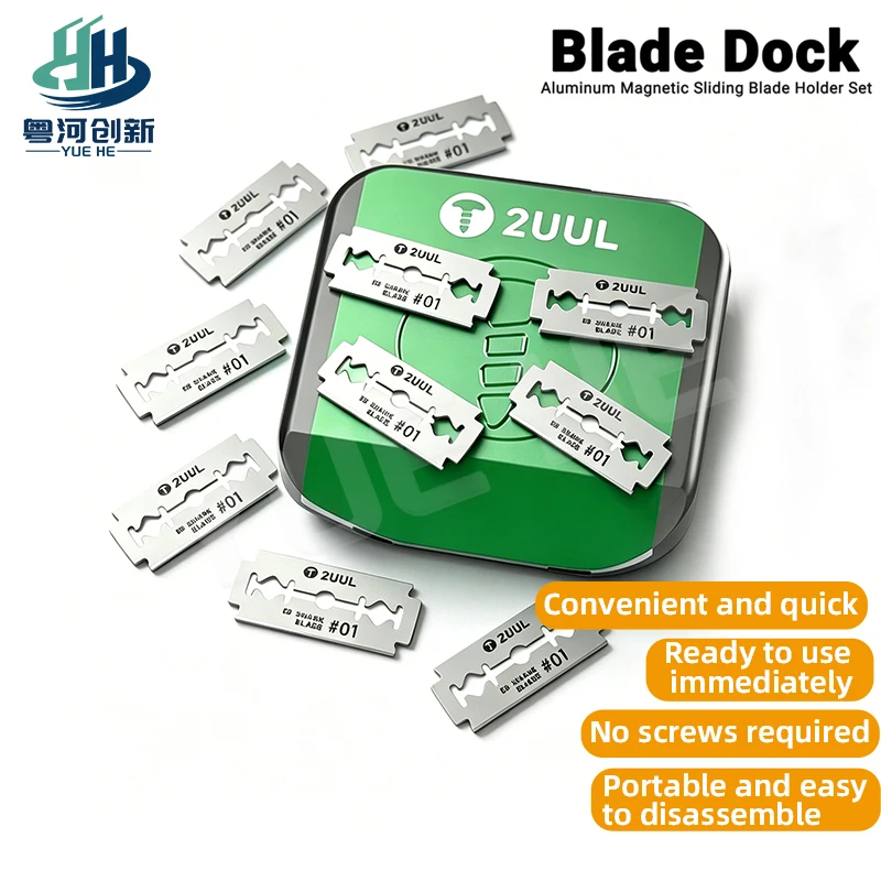 2UUL Blade Dock Aluminum Magnetic Sliding Blade Holder Set with 10Pcs Blades for Mobile Phone Screen Removal Repair Tool