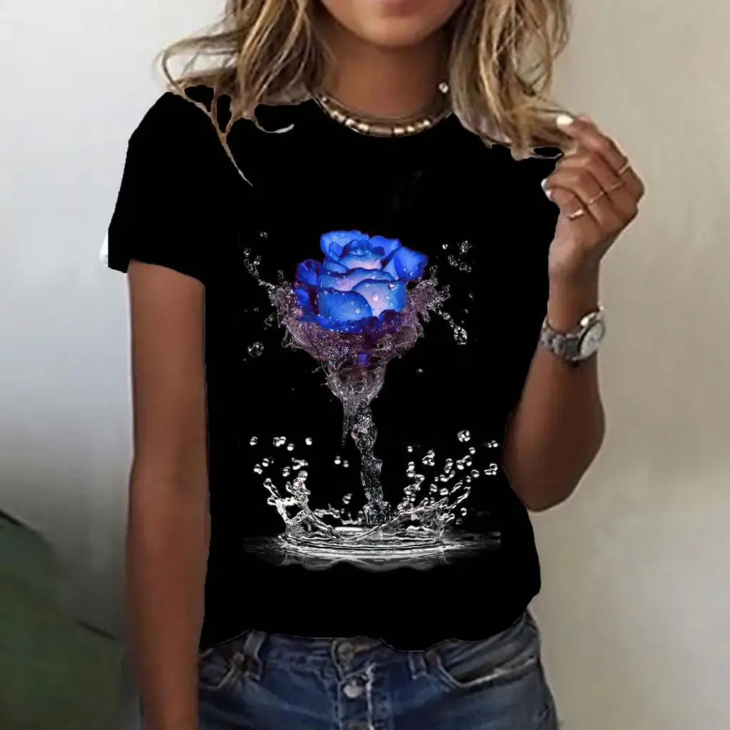 Fashion Rose 3D Print T-Shirts Women Casual Short Sleeve O-Neck T Shirt Summer Streetwear Harajuku Tops Y2k Tees Female Clothing