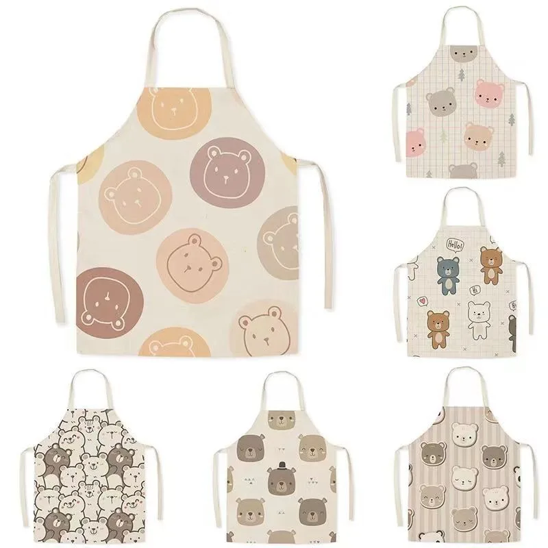 Korean version of cute cartoon bear pattern linen sleeveless apron kitchen cooking baking bib adult home cleaning apron