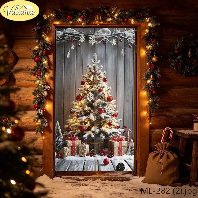 VIKAMA Christmas Tree Japanese Style Half Door Curtain Fabric Curtain for Entryway Foyer Privacy Screen Festive Wall Decor