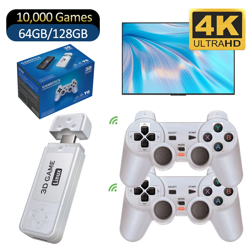 Y6 4K HD Retro Video Game Console 10000+ Games 64/128G With 2.4G Wireless Controller Multiple Languages 3D Video Game Stick