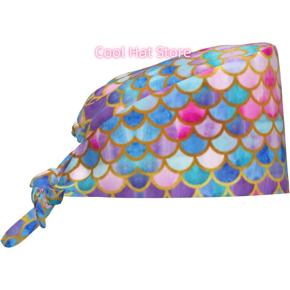 Watercolor Mermaid Scale Breathable Scrub Hat for Nurses & Doctors Adjustable Working Cap with Moisture-Wicking Fabric