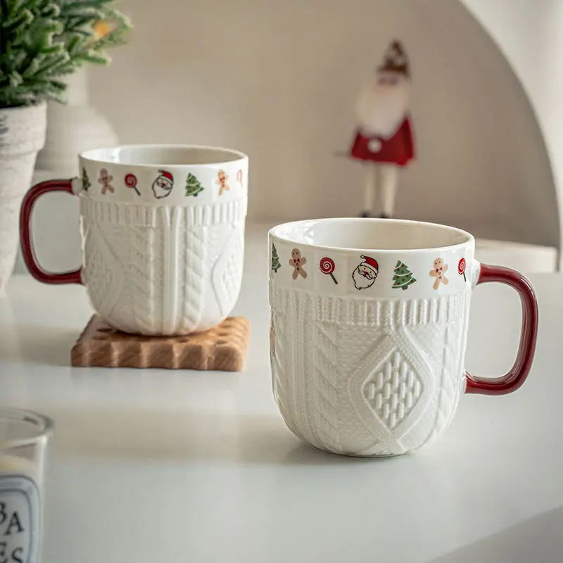 

2 Pcs/Set Ceramic Espresso Cups 12oz Porcelain Coffee Mugs Set for Tea Latte Cafe Mocha Couple Cozy Sweater Cups Christmas Gift