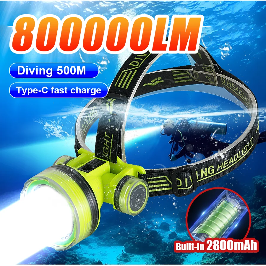 

2025 Professional Scuba Diving Headlamp High Power LED Head Flashlight Underwater 500M Dive Headlight IPX8 Fishing Head Torch