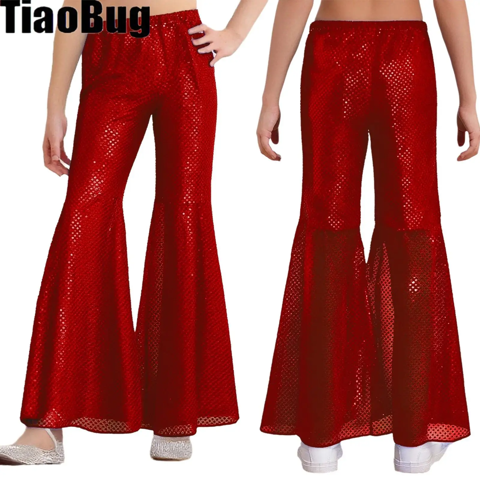 

Kids Girls Sparkling Sequins Dance Pants Flared Pants Elastic Waistband Bell-Bottom Trousers Hip-Hop Jazz Dancewear