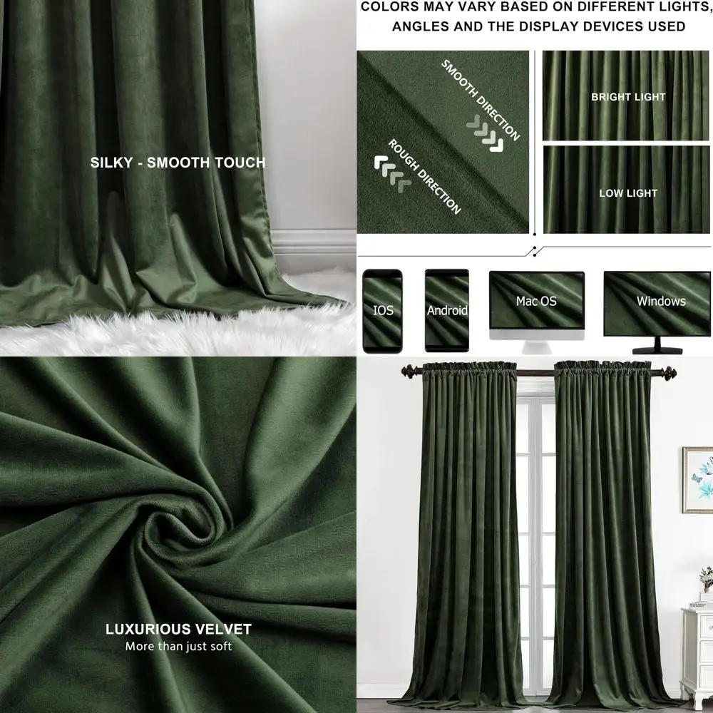 ผ้าม่านกันแสงสีเขียวกำมะหยี่สำหรับห้องนอน ขนาด 52x108 นิ้ว แผงกรองแสงและกันเสียง ชุด 2 ชิ้น