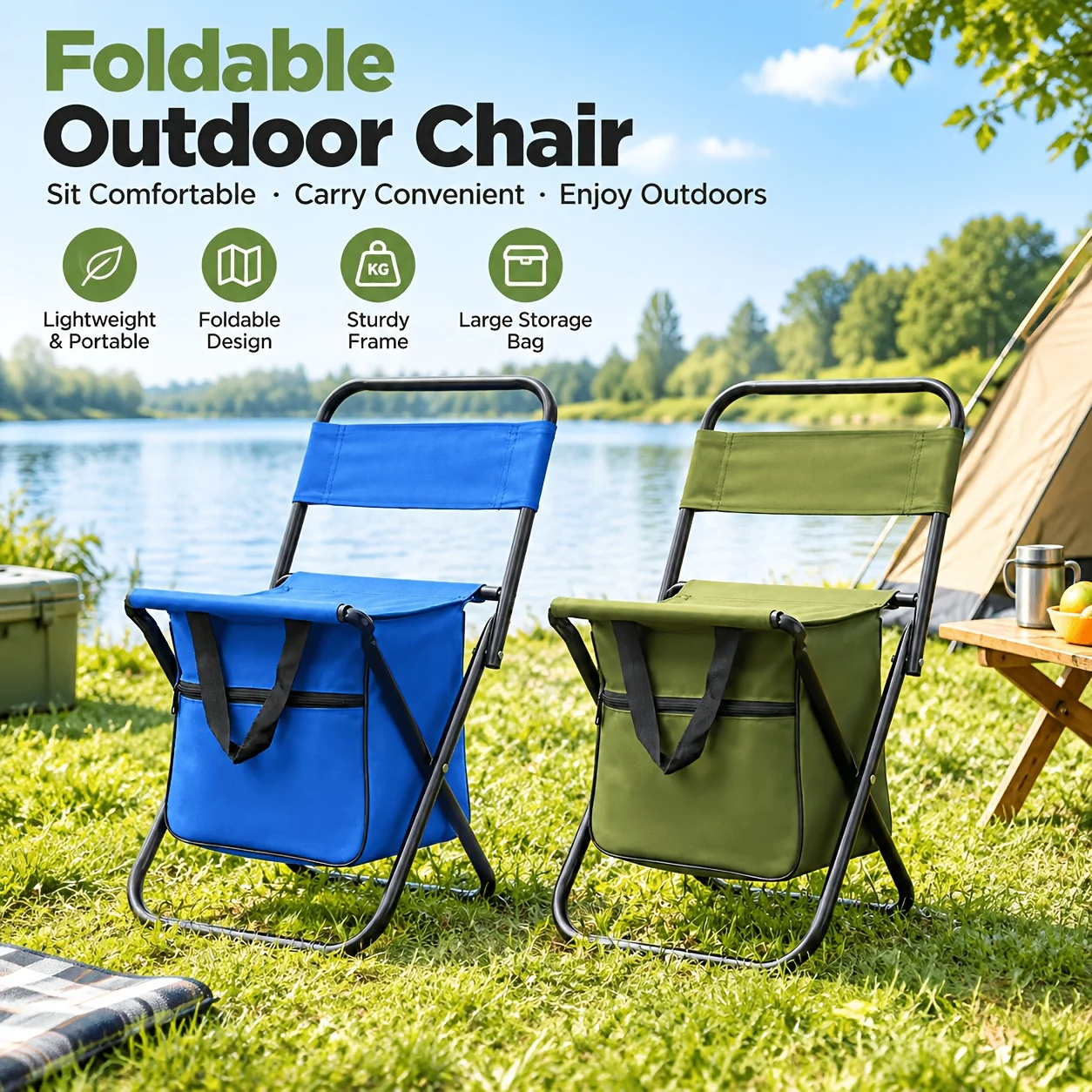 Foldable Camping Chair Backrest, 2.64 Gallon Storage Bag, 265 lbs Durable Portable Fishing Chair for Camping Hunting Sketch Gift